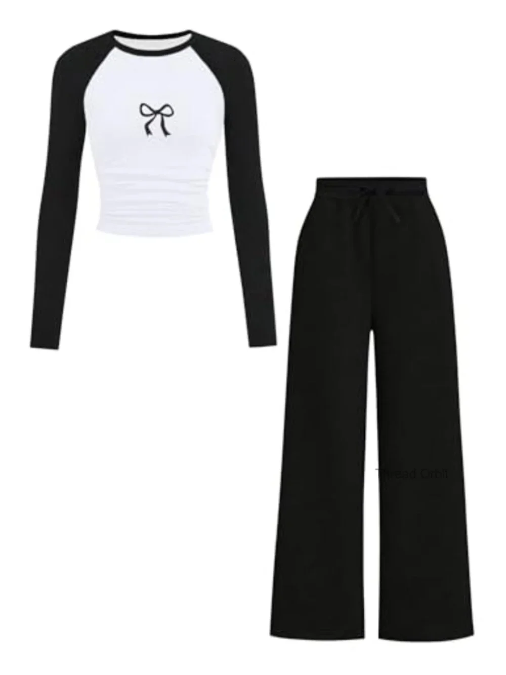 Girls Color Block Bow Print Top & Wide Leg Sweatpants 2 Piece Outfit Set